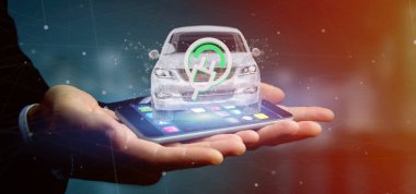 Bir elektrik smartcar kavramı 3d render tutan bir adam görünümü