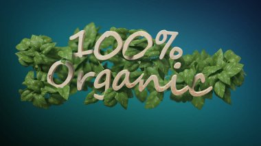 Bir ahşap logo % 100 organik 3d render etrafında yapraklarla görünümünü