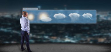 Bir işadamı bir hava tahmini widget önünde görünümünü
