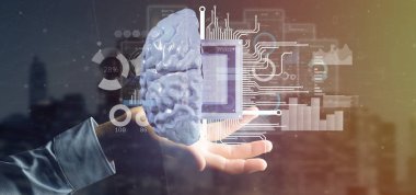 Yapay zeka simgesiyle yarım beyin ve yarım devre 3d render holding iş adamı görünümünü