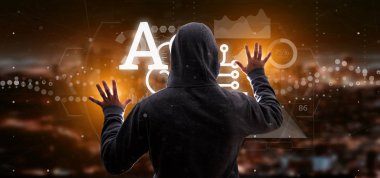 Yapay zeka simgesi yarım beyin ve yarım devre 3d render ile tutarak Hacker adam görünümünü