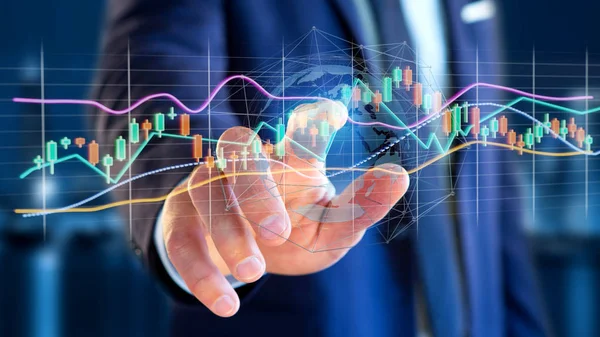 Перегляд Бізнесмена Тримає Рендеринг Інформація Про Біржову Торгівлю Даними Футуристичному — стокове фото