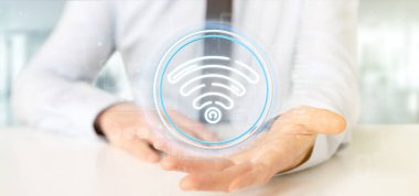 WiFi simgesi ile durum ve ikili tutan işadamı kod 3d parçalamak