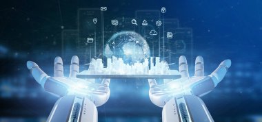 Cyborg el akıllı şehir kullanıcı arabirimi simgesini, istatistikleri ile tutarak bir
