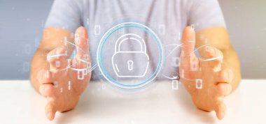 Güvenlik asma kilit tekerlek simgesi ile durum ve b tutan işadamı