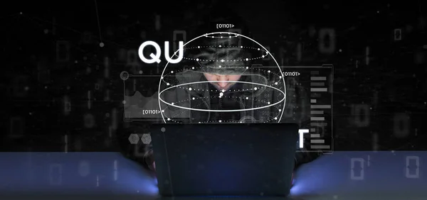Homem de hacker segurando conceito de computação quântica com ícone de qubit 3d — Fotografia de Stock
