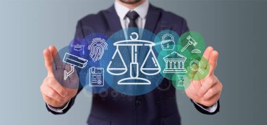 Bulut da ile Adalet ve hukuk simgesi Bubble tutan işadamı