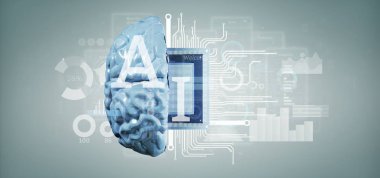 Yarım akıllı yapay zeka simgesi ve yarısı 3d devre