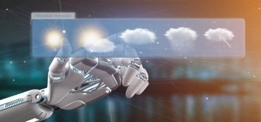 Bir hava tahmini widget 3d render tutan cyborg el