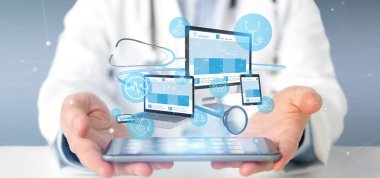Doktor aygıtları holding tıbbi simge ve stetoskop ile 3d parçalamak