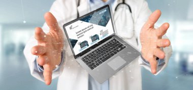 İş Web sitesi şablonu ile bir dizüstü bilgisayar üzerinde sc tutan doktor