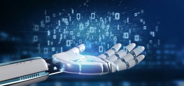 Bir veri ikili bulut 3d render tutan cyborg el 