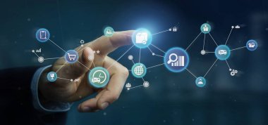 Lojistik organizasyon simgesi konektörüyle ile tutan işadamı