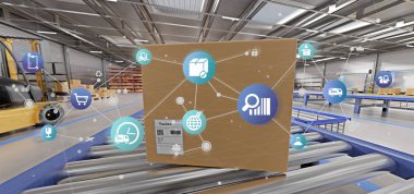 Bir ambar arka plan 3d render üzerinde lojistik organizasyon