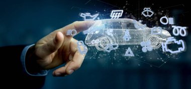 Smartcar simgesi bir otomobil 3d render etrafında tutan adam