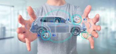 Checkings 3d render ile bir Smartcar holding adam