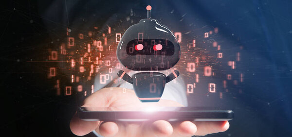 Бизнесмен держит в руках робота с бинарным кодом 3d
