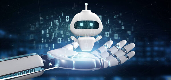 Киборг держит в руках Chatbot с бинарным кодом 3d rendering
