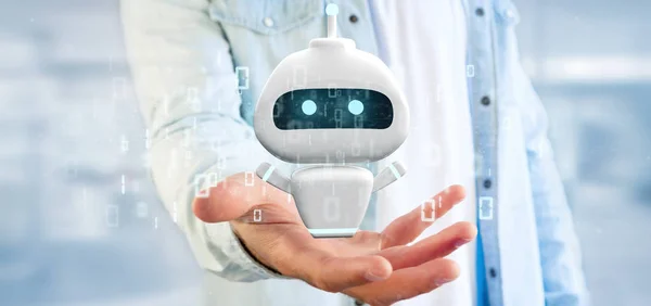 Бизнесмен держит Chatbot с бинарным кодом 3D рендеринга — стоковое фото