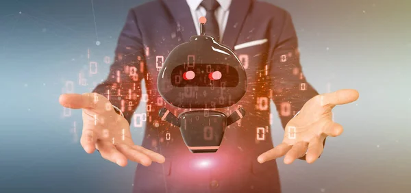 Бизнесмен держит в руках робота с бинарным кодом 3d — стоковое фото