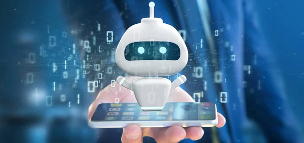 Бизнесмен держит Chatbot с бинарным кодом 3D рендеринга — стоковое фото