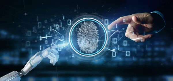 Cyborg hålla ett digitalt fingeravtryck identifiering och binära c — Stockfoto
