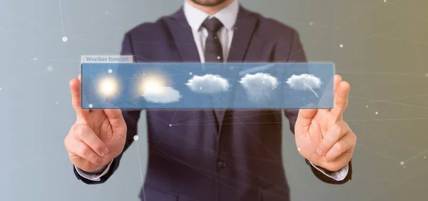 Businessman holding a Weather Forecast widget 3d rendering — Stock Photo, Image