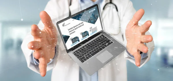 Läkare som innehar en Laptop med business webbplats mall på sc — Stockfoto