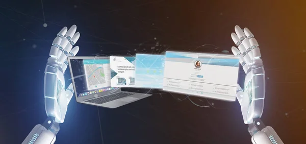 Cyborg mano sosteniendo una aplicación Web salir de un ordenador portátil scr — Foto de Stock