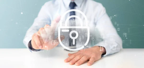 Businessman holding a Binary cloud with internet security padloc — Stock Photo, Image