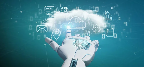 Cyborg holding a Cloud of multimedia icon 3d rendering — Stock Photo, Image