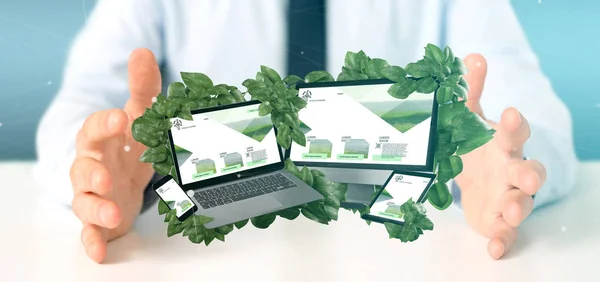 Бізнесмен тримає з'єднані пристрої навколо листя 3d — стокове фото