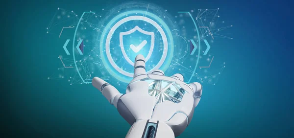 Cyborg main tenant une icône de sécurité de la technologie sur un cercle 3d re — Photo