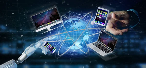 Cyborg hand holding a Computer and devices displayed on a futuri — Stock Photo, Image