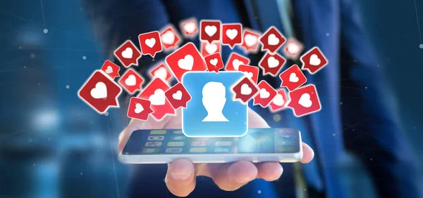 Empresario sosteniendo Como notificación en un contacto en un social —  Fotos de Stock