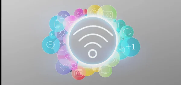 Icono Wifi rodeada de colorido icono de redes sociales 3d renderin — Foto de Stock