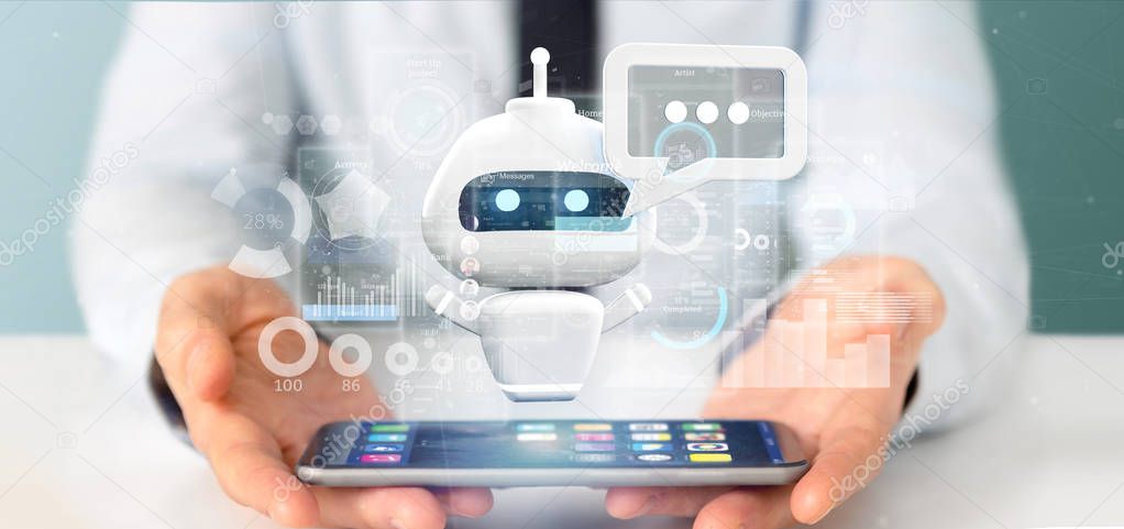 View of Businessman holding Chatbot with binary code, message and data 3d rendering