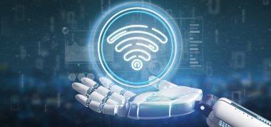 Cyborg el WiFi simgesi ile durum ve ikili tutarak kod 3d parçalamak