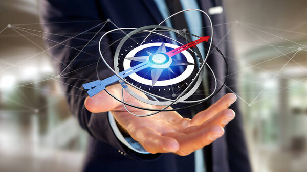 Деловой человек с навигационным компасом - 3D рендеринг
