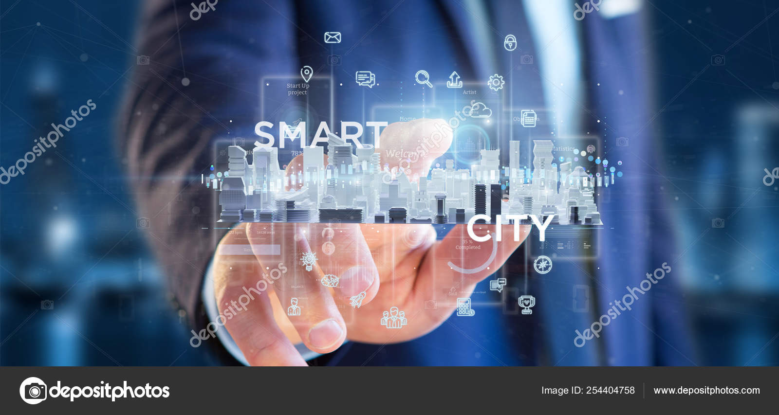 Businessman holding smart city user interface with icon stats a