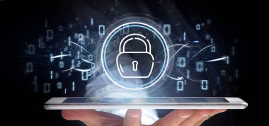 Güvenlik asma kilit tekerlek simgesi ile durum ve b tutan işadamı