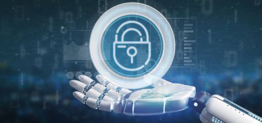 Güvenlik asma kilit tekerlek simgesi ile durum ve ikili tutan cyborg