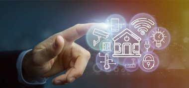 Simge, istatistikleri ve da ile akıllı ev arayüzü tutan işadamı