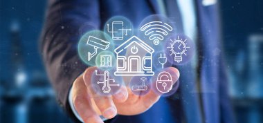 Simge, istatistikleri ve da ile akıllı ev arayüzü tutan işadamı