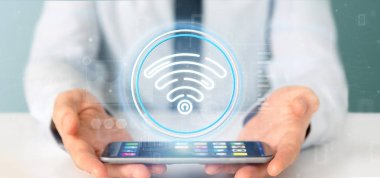 WiFi simgesi ile durum ve ikili tutan işadamı kod 3d parçalamak