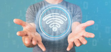 WiFi simgesi ile durum ve ikili tutan işadamı kod 3d parçalamak