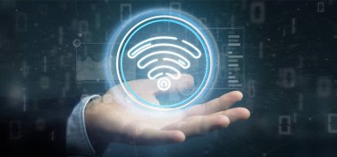 WiFi simgesi ile durum ve ikili tutan işadamı kod 3d parçalamak