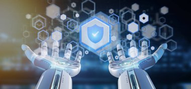 Cyborg el bir kalkan web güvenlik kavramı 3d render tutarak