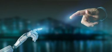 Cyborg robot el bir şehir arka plan 3d render