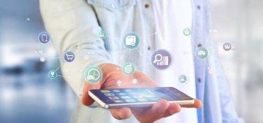 Lojistik organizasyon simgesi konektörüyle ile tutan işadamı